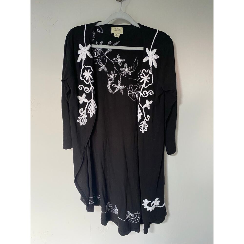 Natural Impressions Women's Size M Black Embroidered Open Front Cotton Cardigan